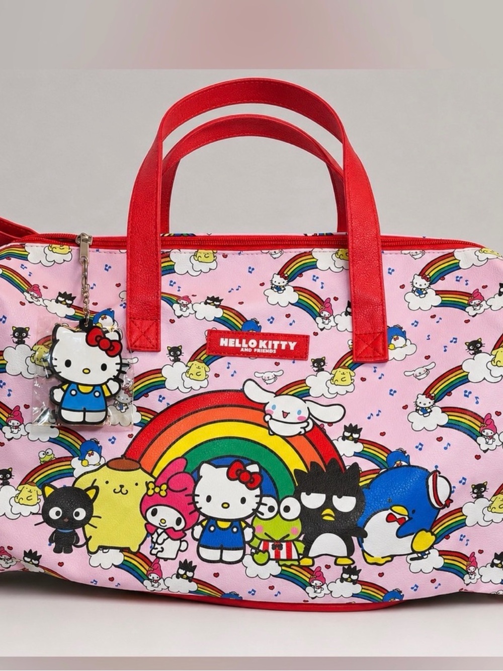 Hello Kitty Pink Tote Bag with Red Handles and Rainbow Print